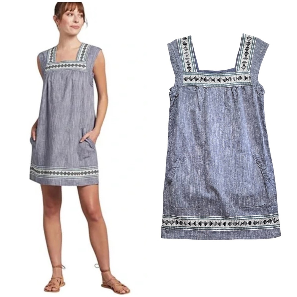 Faherty Blue Striped Embroidered Square-Neck Shift Dress